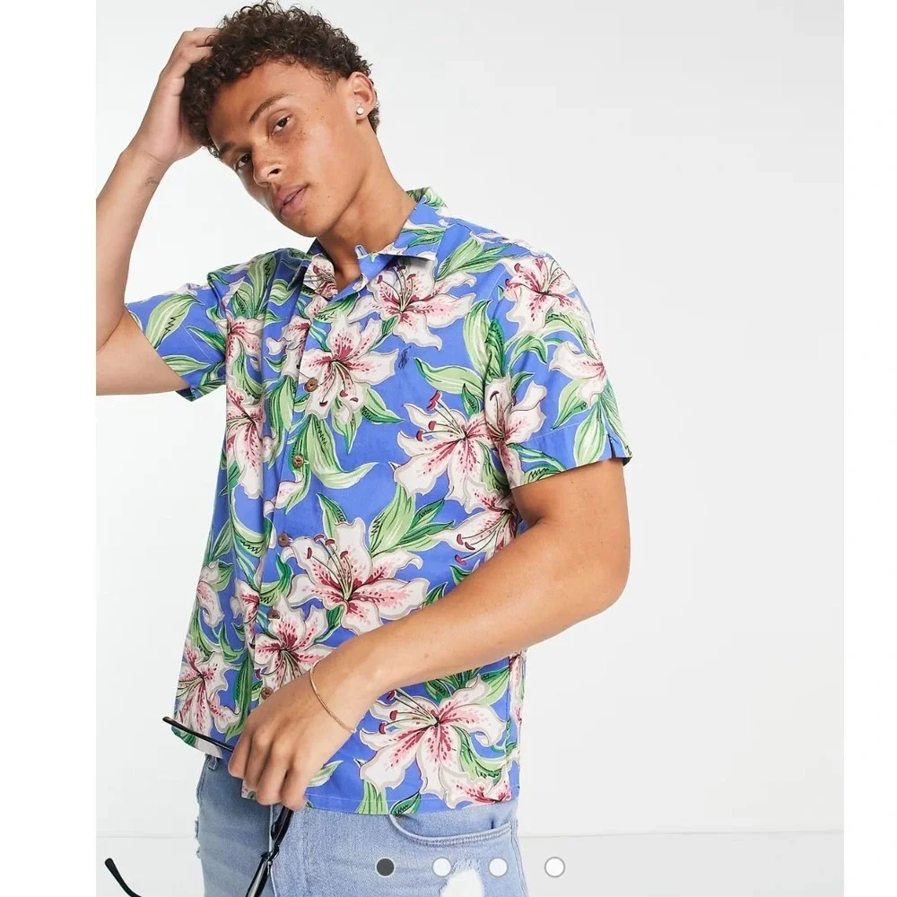 Polo Ralph Lauren Camp Short Sleeve Shirt Blue Floral Lily Cotton Men's Small